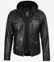 Men's Black Leather Jacket with Removable Hood