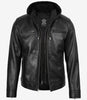 Men's Black Leather Jacket with Removable Hood