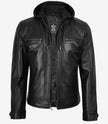 Men's Black Leather Jacket with Removable Hoodie
