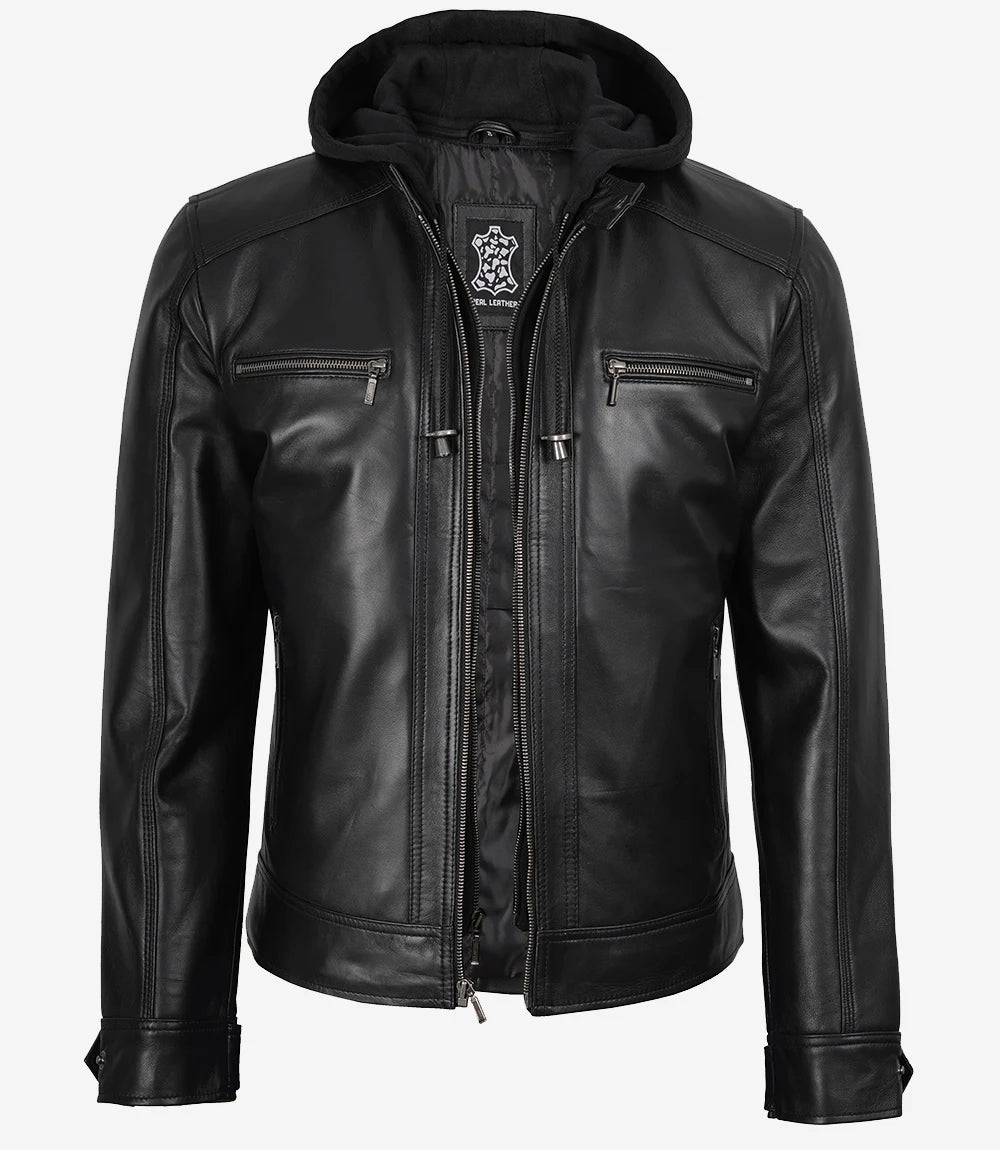 Men's Black Leather Jacket with Removable Hoodie