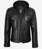 Men's Black Leather Jacket with Removable Hoodie