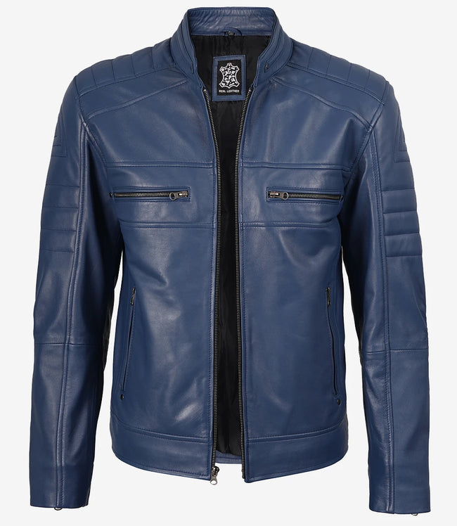 Men's Blue Biker Style Leather Jacket