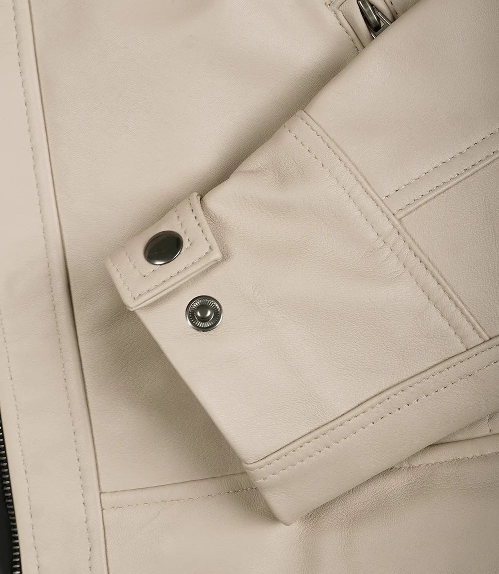 Men's Biker Style Beige Leather Jacket - Quilted Shoulder