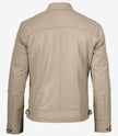 Men's Biker Style Beige Leather Jacket - Quilted Shoulder