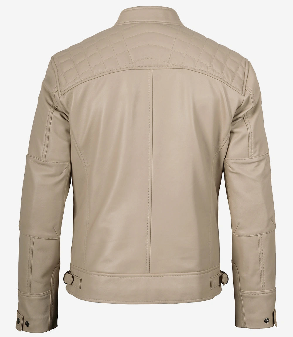 Men's Biker Style Beige Leather Jacket - Quilted Shoulder