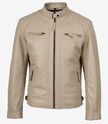 Men's Biker Style Beige Leather Jacket - Quilted Shoulder