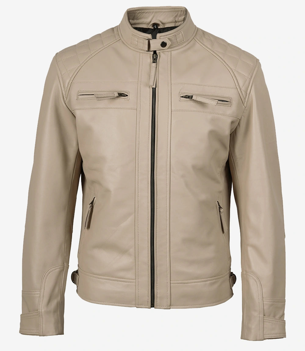 Men's Biker Style Beige Leather Jacket - Quilted Shoulder