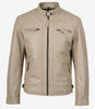 Men's Biker Style Beige Leather Jacket - Quilted Shoulder