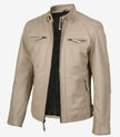 Men's Biker Style Beige Leather Jacket - Quilted Shoulder