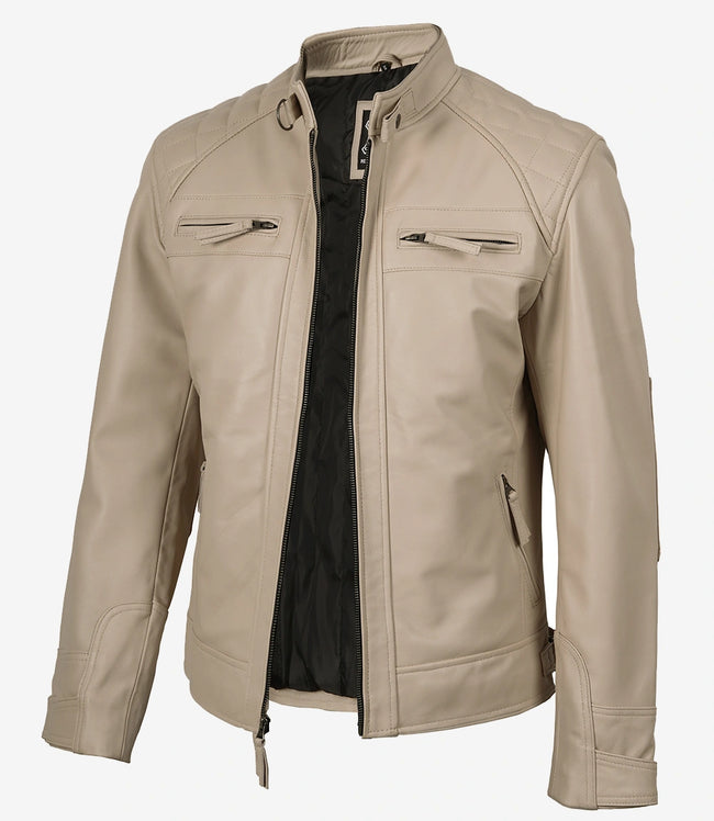 Men's Biker Style Beige Leather Jacket - Quilted Shoulder