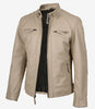 Men's Biker Style Beige Leather Jacket - Quilted Shoulder