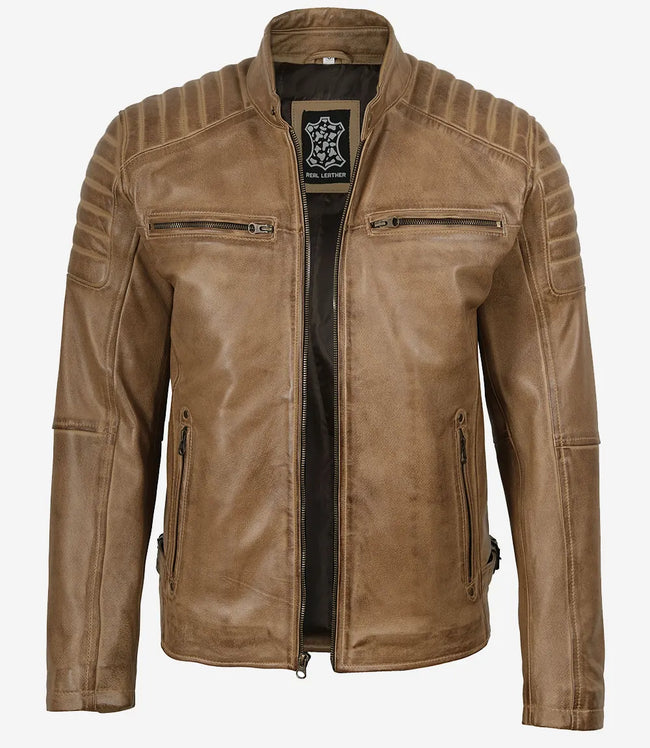 Mens Camel Brown Biker Style Leather Jacket