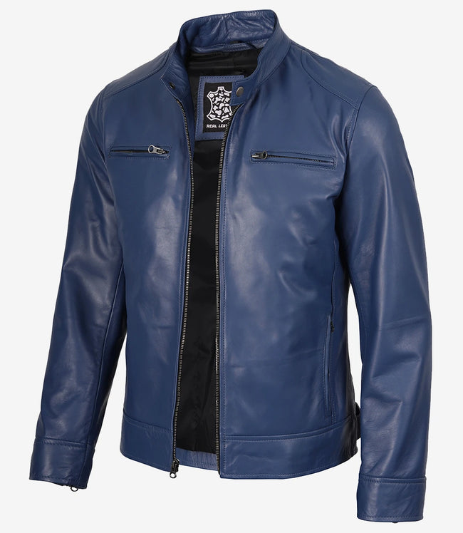 Mens Classic Blue Biker Style Leather Jacket