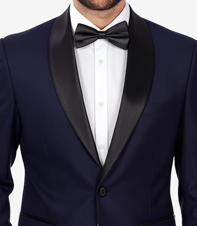 Men's Dark Blue Shawl Lapel Tuxedo – Modern Single-Button Prom Tux
