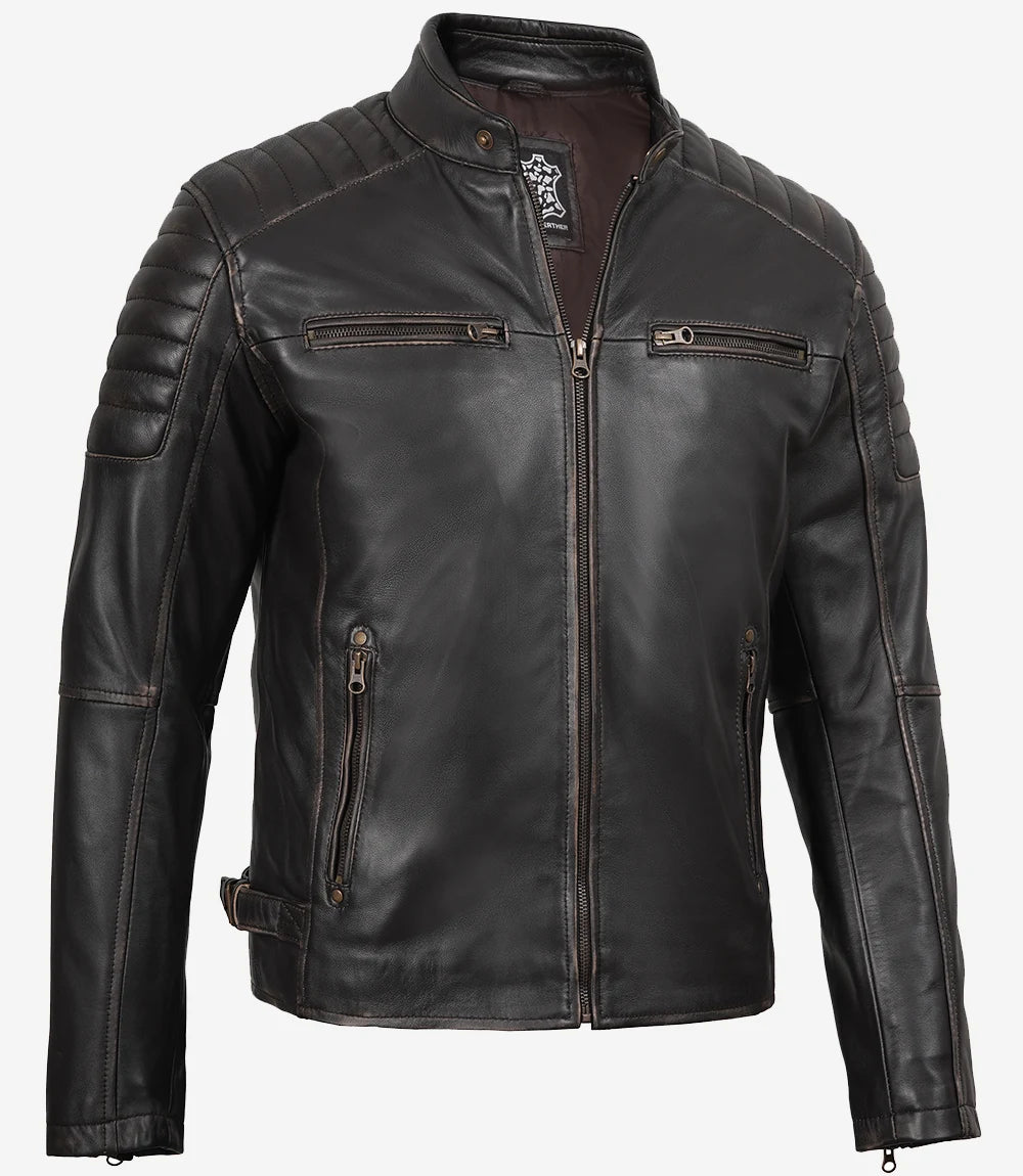 Mens Distressed Brown Biker Style Leather Jacket