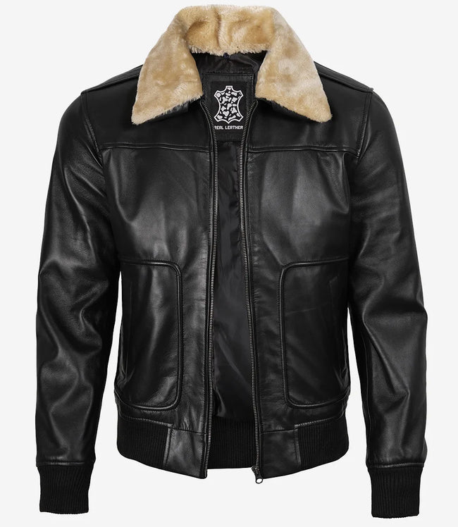 Men's Fur Collar Black Bomber Leather Jacket