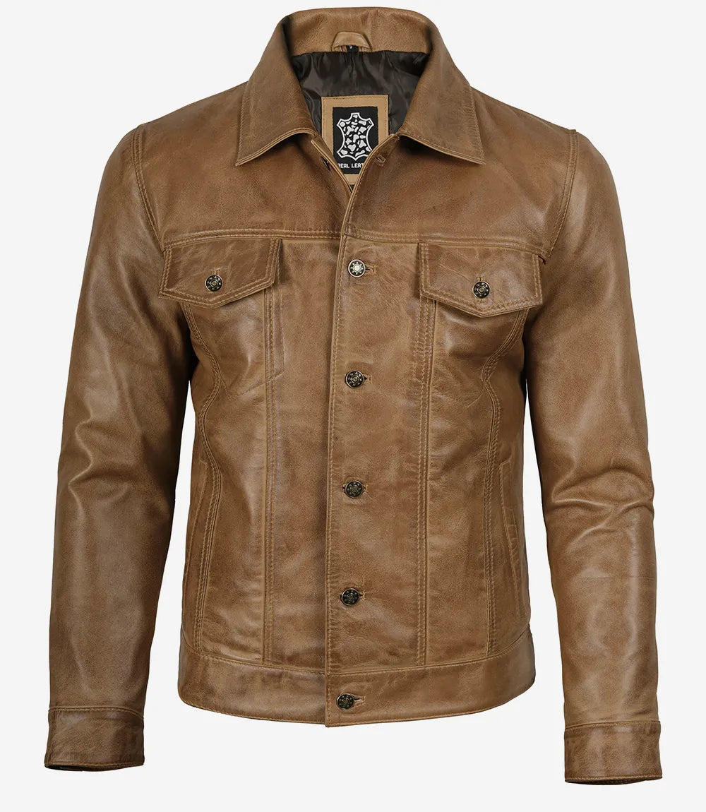 Men's Real Leather Camel Brown Trucker Jacket