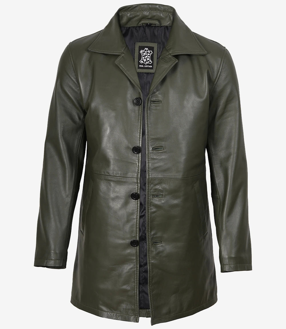 Men's Olive Green 3/4 Length Leather Car Coat