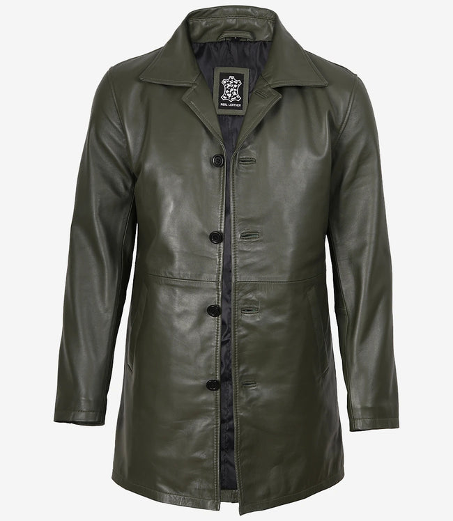 Men's Olive Green 3/4 Length Leather Car Coat