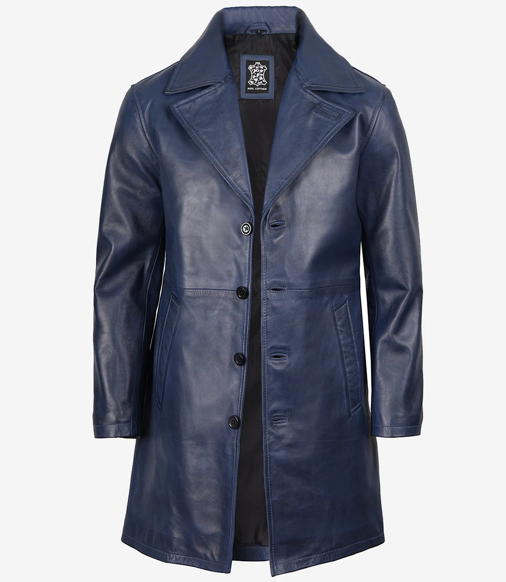 Mens Real Leather 3/4 Length Blue Car Coat