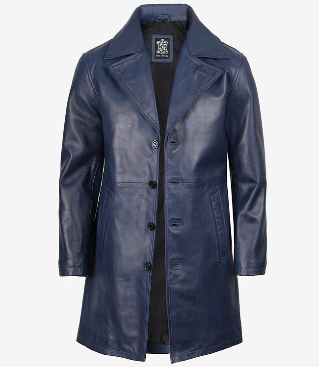 Mens Real Leather 3/4 Length Blue Car Coat