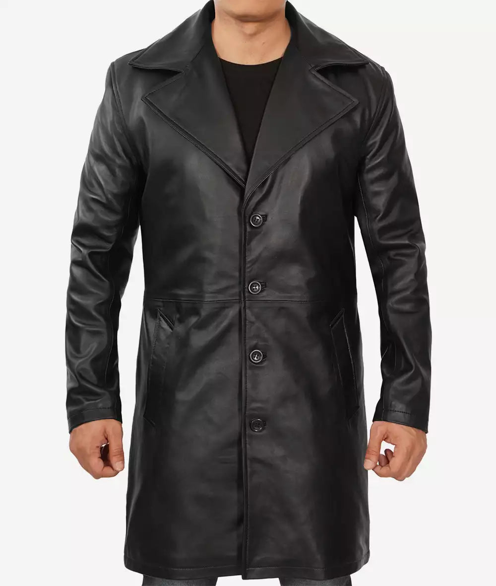 Jackson Mens Peak Lapel Long Black Leather Coat