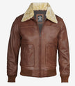 Mens Fur Collar Cognac Bomber Leather Jacket 