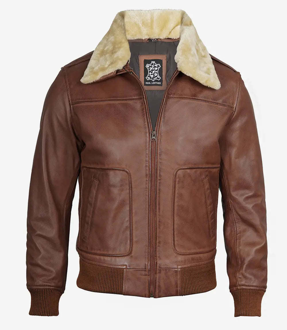 Mens Fur Collar Cognac Bomber Leather Jacket 