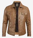 Mens Camel Leather Trucker Jacket
