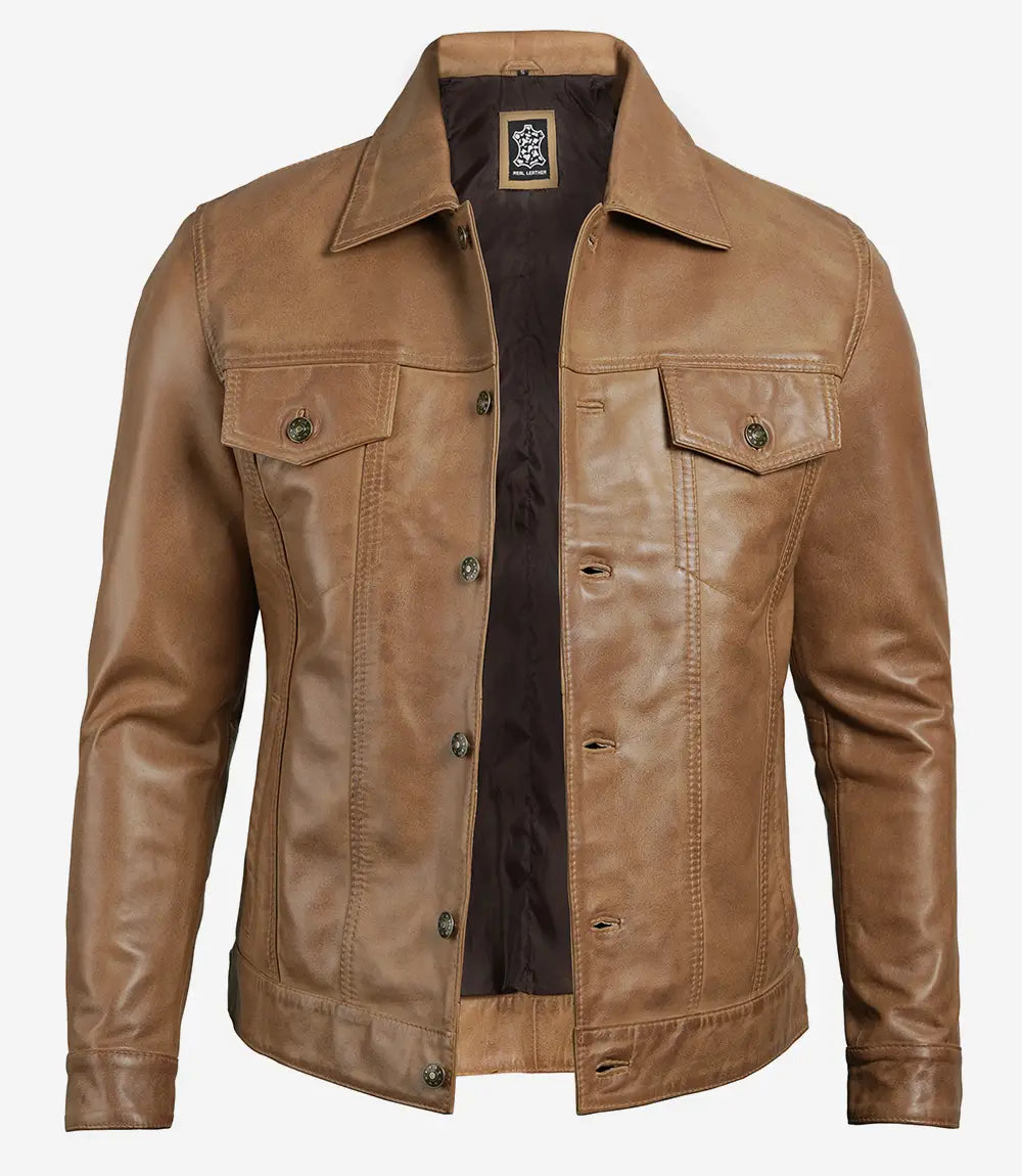 Mens Camel Leather Trucker Jacket