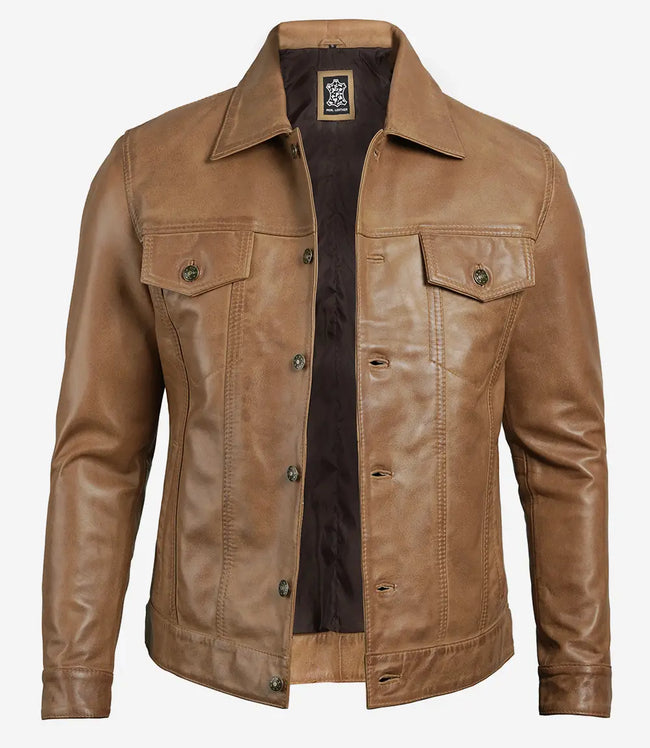 Mens Camel Leather Trucker Jacket