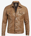 Mens Camel Leather Trucker Jacket