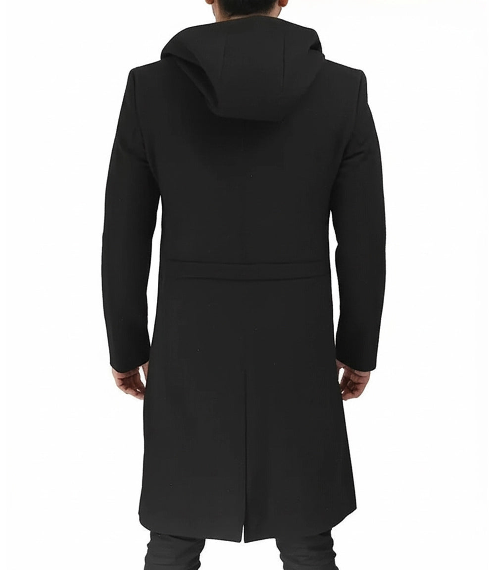 Men's Black Hooded Wool Coat | Zip-Up Winter Warmth