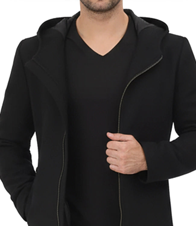 Men's Black Hooded Wool Coat | Zip-Up Winter Warmth