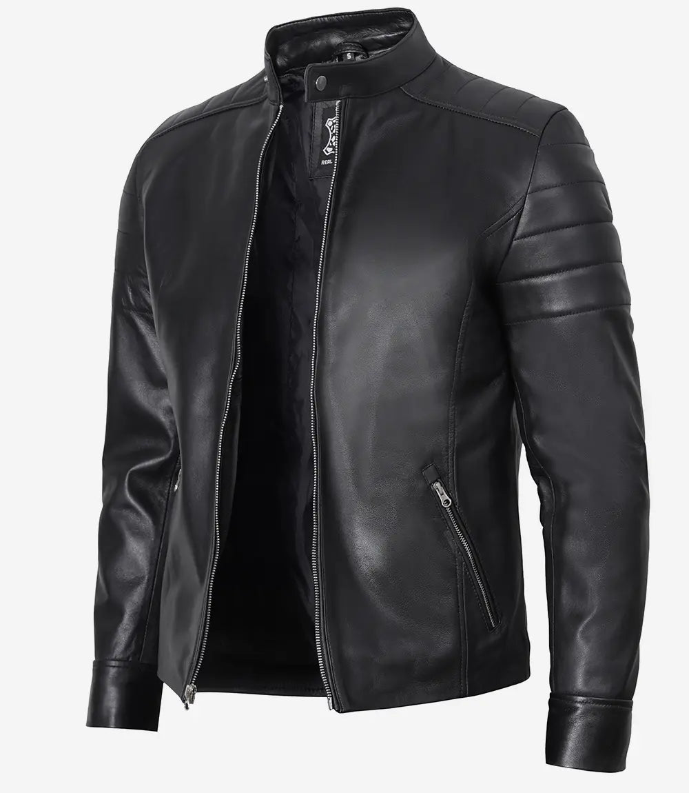 Black Leather Cafe Racer Jacket 