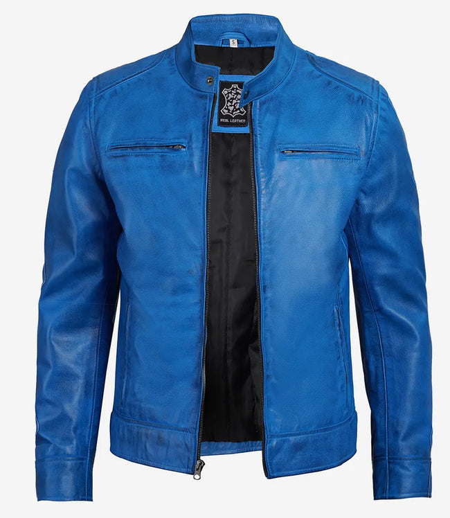Mens Cafe Racer Blue Leather Jacket