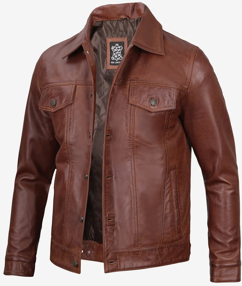 Mens Brown Leather Trucker Jacket