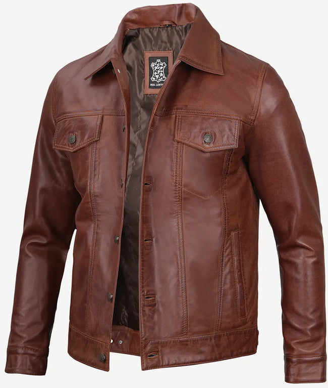 Mens Brown Leather Trucker Jacket
