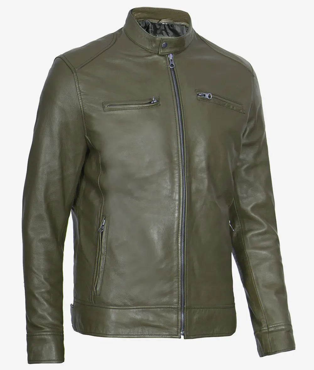 Mens Biker Racer Dark Green Leather Jacket