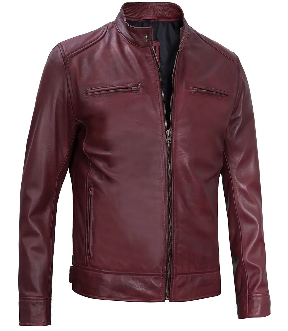 Mens Lambskin Maroon Cafe Racer Leather Jacket