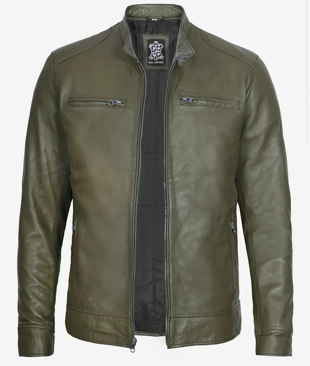Mens Biker Racer Dark Green Leather Jacket
