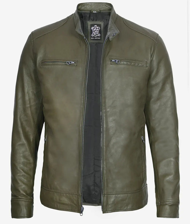 Mens Biker Racer Dark Green Leather Jacket