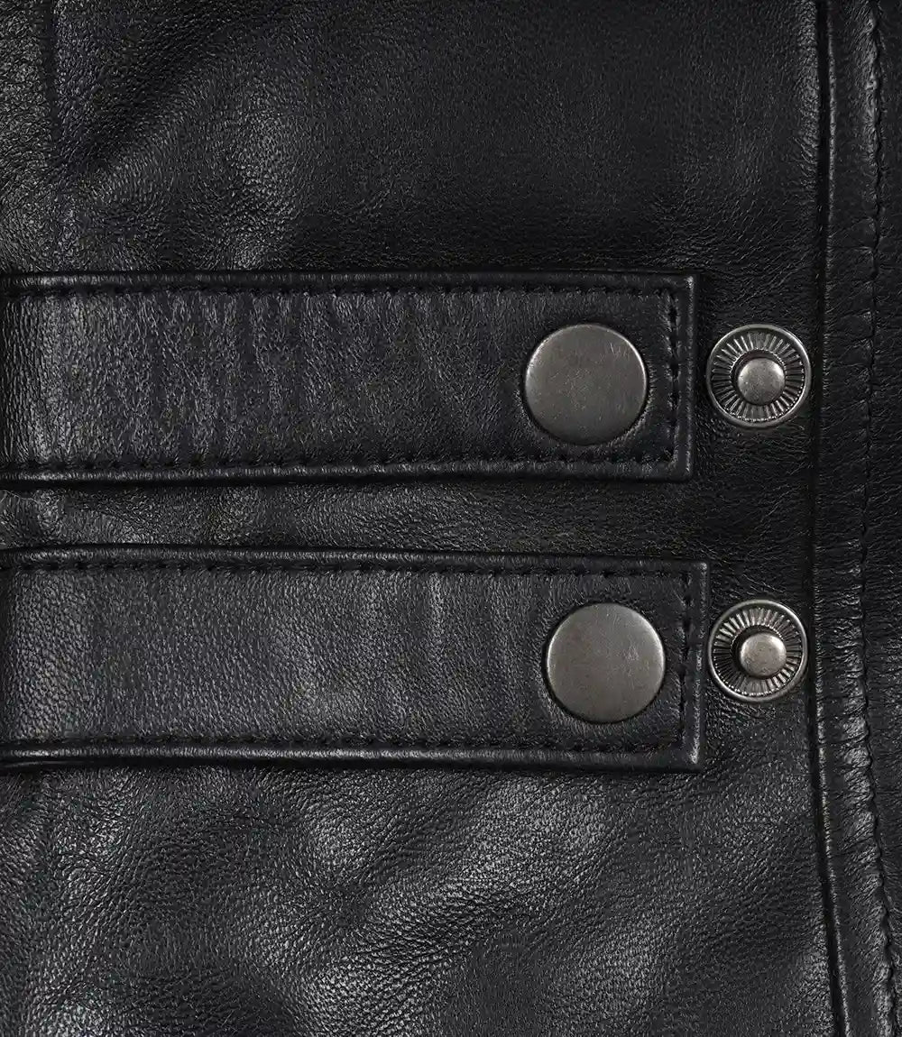 Men's Black Lambskin Leather Biker Style Jacket - White and Red Striped