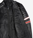 Men's Black Lambskin Leather Biker Style Jacket - White and Red Striped
