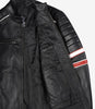 Men's Black Lambskin Leather Biker Style Jacket - White and Red Striped