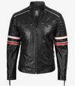 Men's Black Lambskin Leather Biker Style Jacket - White and Red Striped