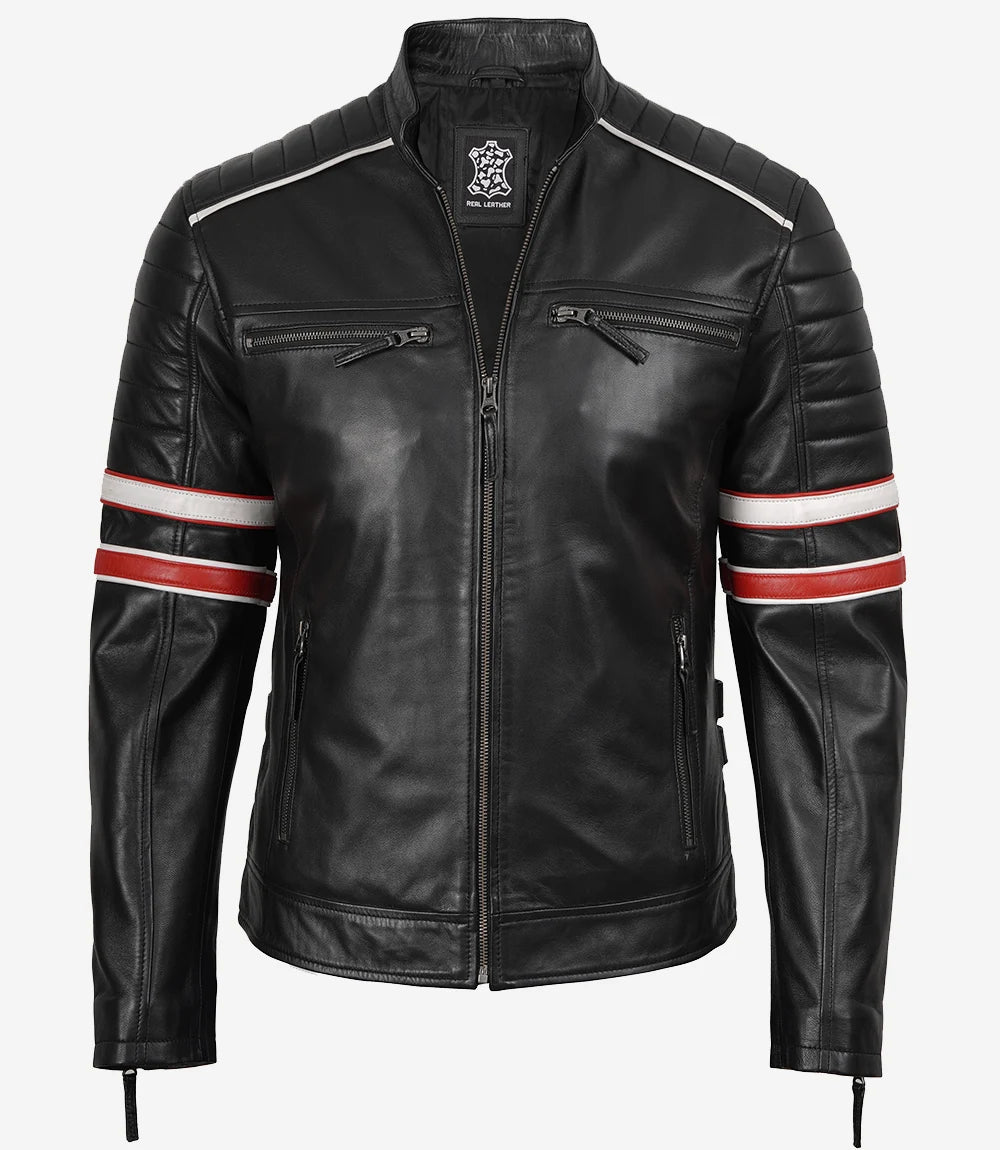 Men's Black Lambskin Leather Biker Style Jacket - White and Red Striped