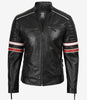 Men's Black Lambskin Leather Biker Style Jacket - White and Red Striped