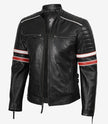Men's Black Lambskin Leather Biker Style Jacket - White and Red Striped