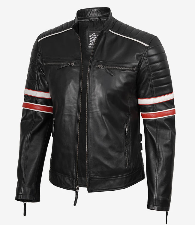 Men's Black Lambskin Leather Biker Style Jacket - White and Red Striped